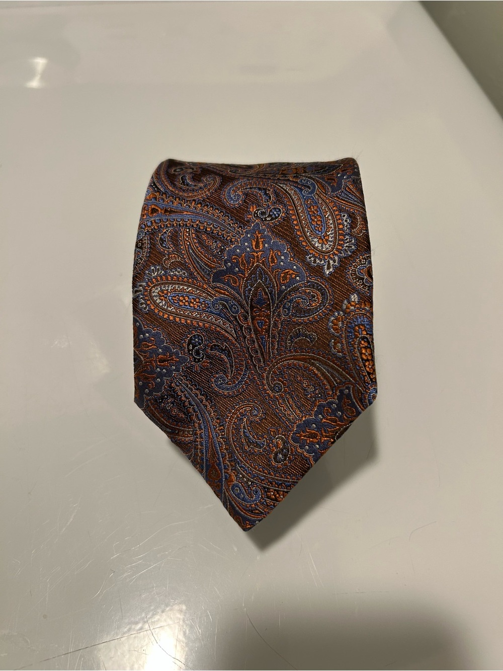 Canali Brown and Blue Paisley Silk Tie with Orange Accents